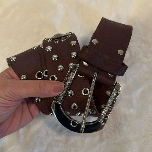 Leatherock Brown Leather Studded Crystal Embellished Belt SzM - Picture 7 of 16
